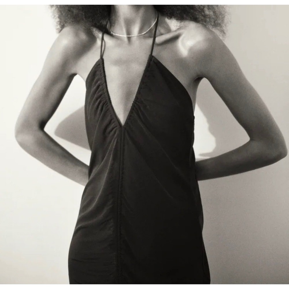 Zara Black Halter Front Slit Midi Dress Large